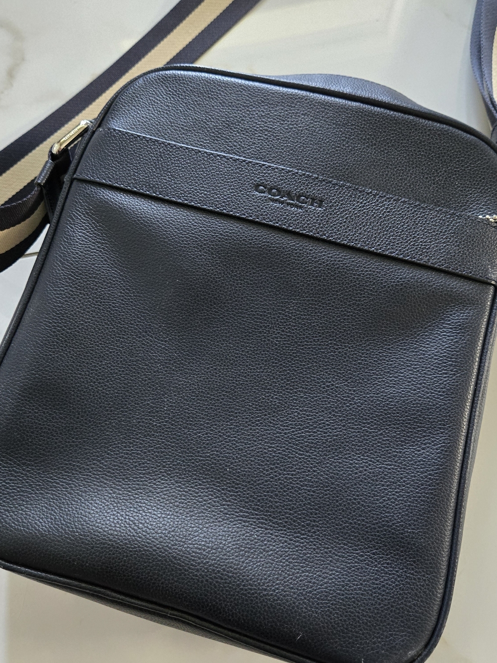 Coach Black Pebbled Leather Messenger with Striped Strap